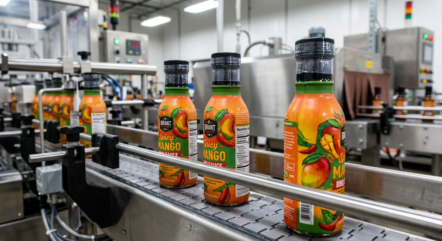 Food sauce bottles with heat shrink tamper seals on a packaging line conveyor belt