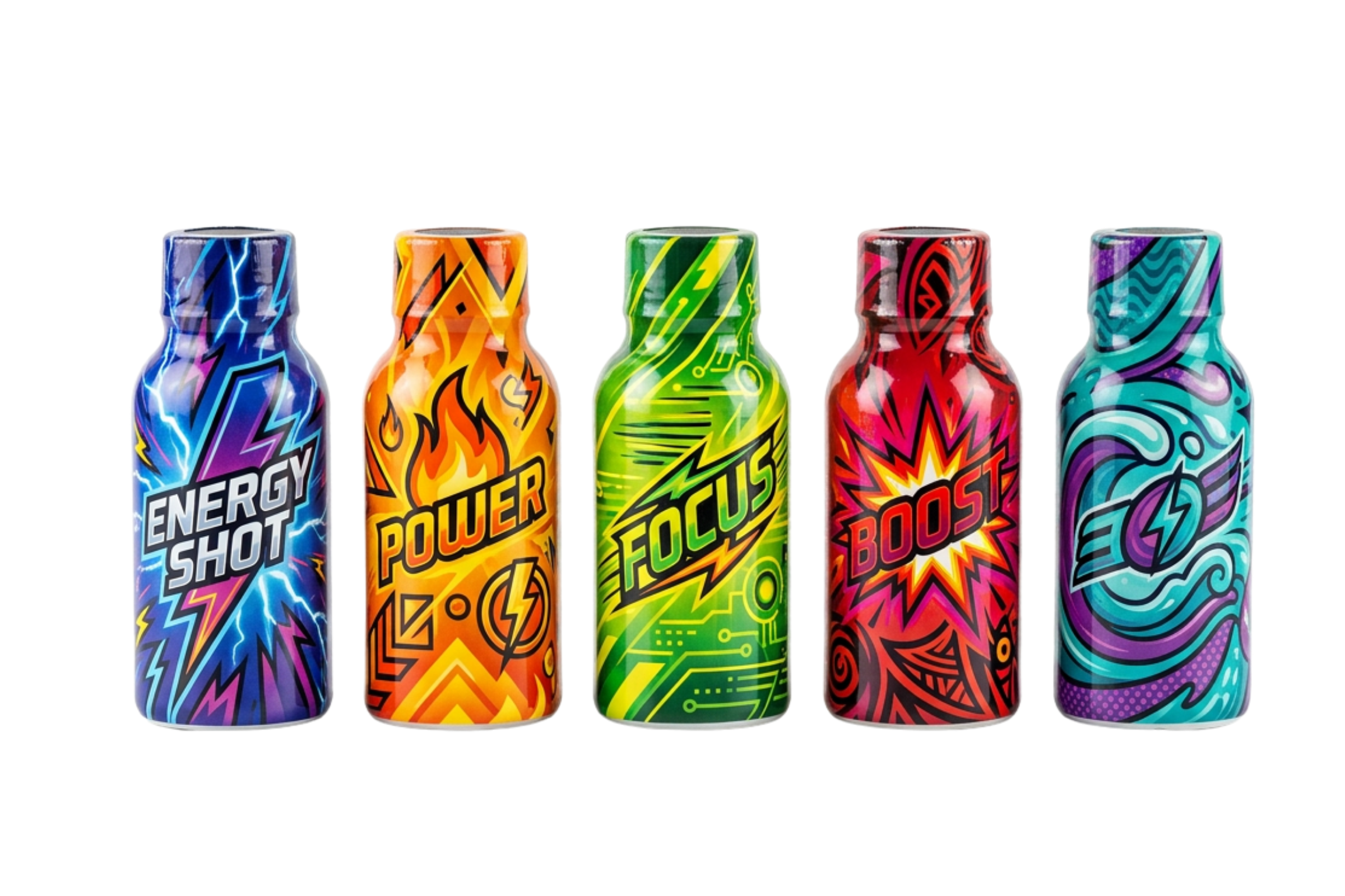 Full body shrink sleeve labels on five energy shot bottles with complete 360-degree print coverage