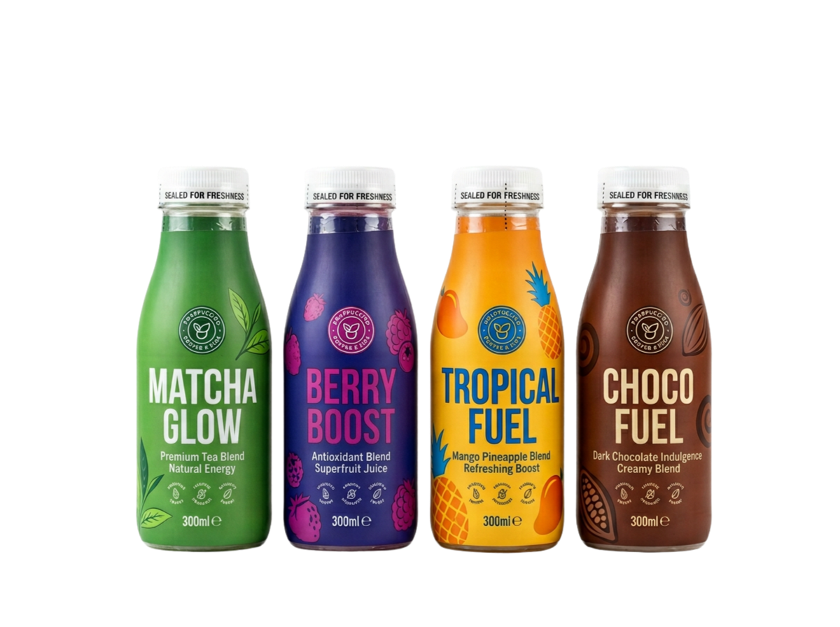 Colorful beverage bottles with heat shrink tamper evident bands for retail packaging