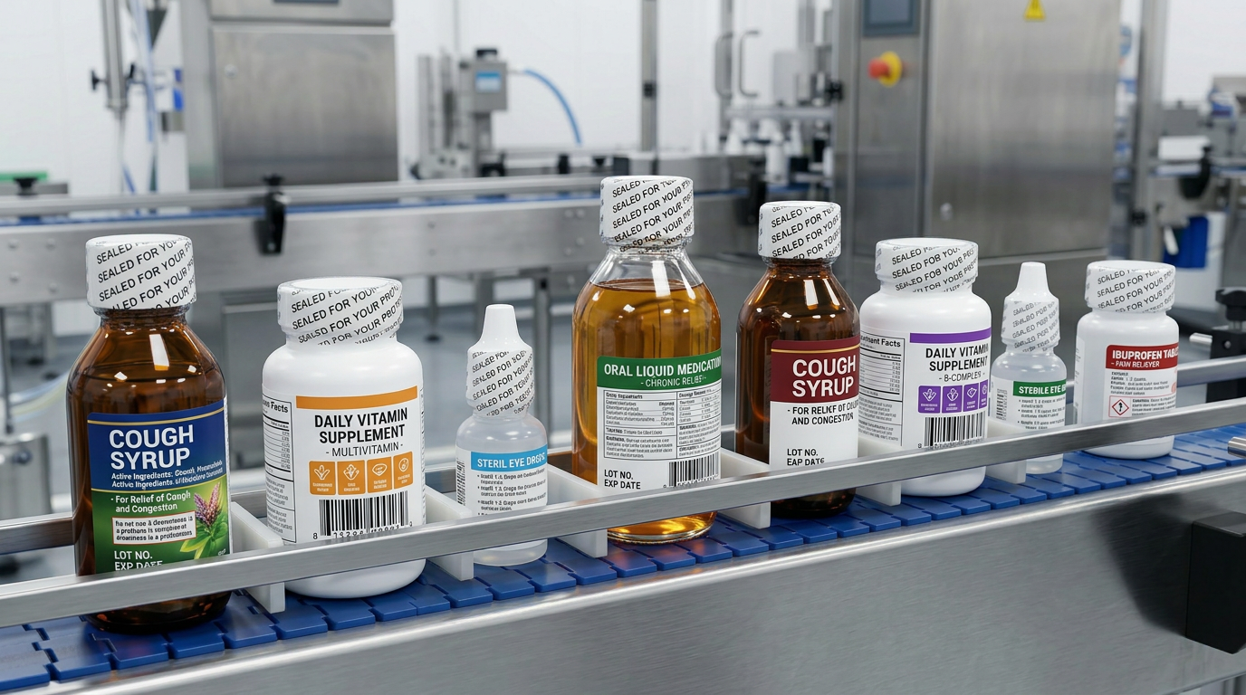 Eight pharmaceutical and OTC drug bottles with heat shrink tamper evident bands sealed around each cap