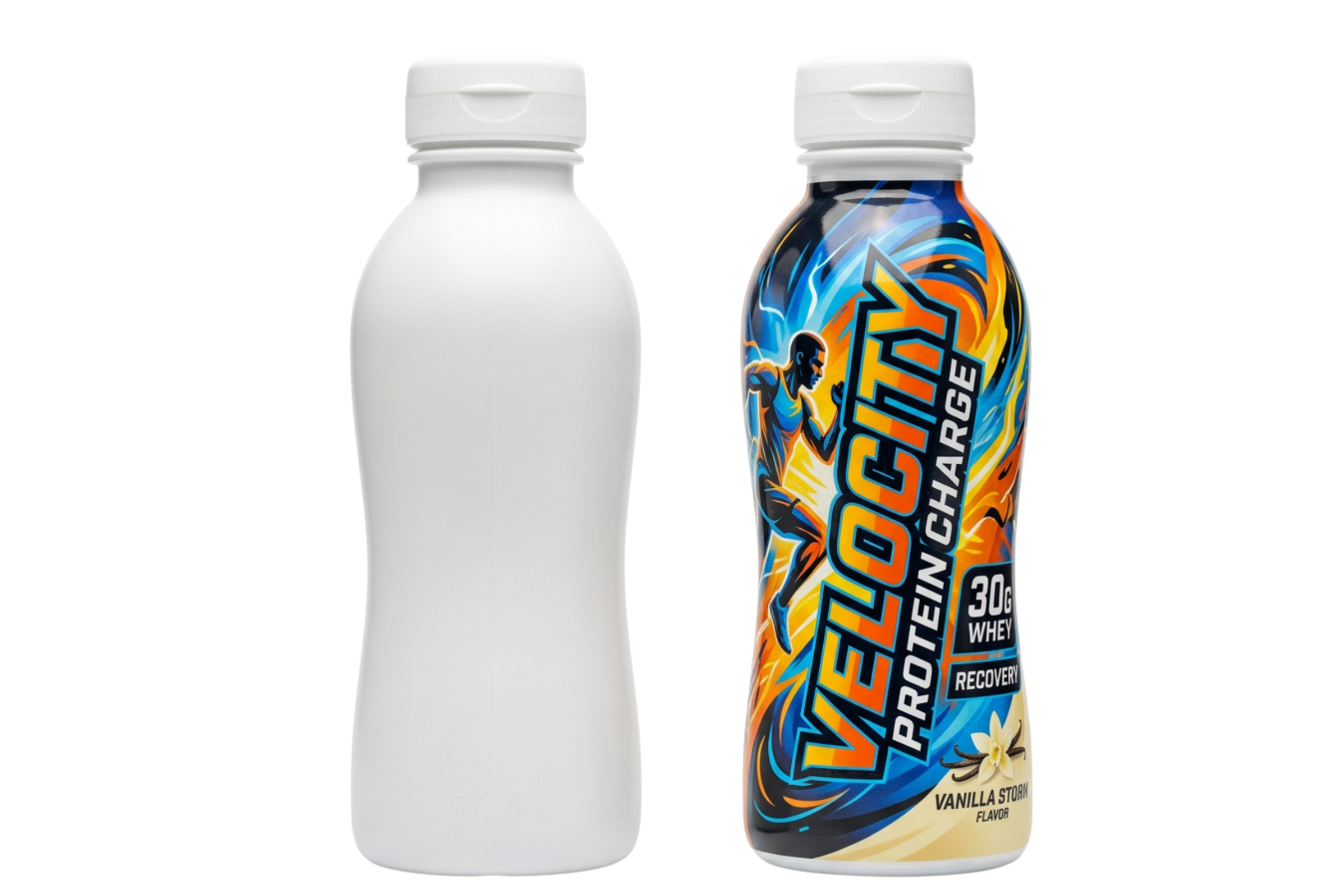 Digital mockup showing shrink sleeve label designs across multiple container types and categories