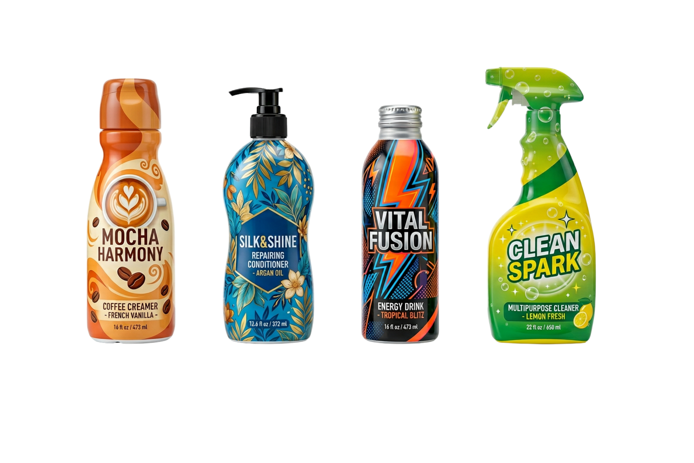 Full body shrink sleeve labels on beverage, personal care, and household product bottles