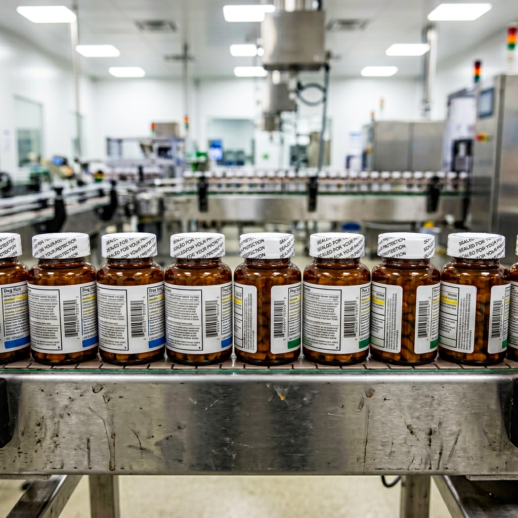 Pharmaceutical bottles with heat shrink tamper evident bands on a manufacturing conveyor line