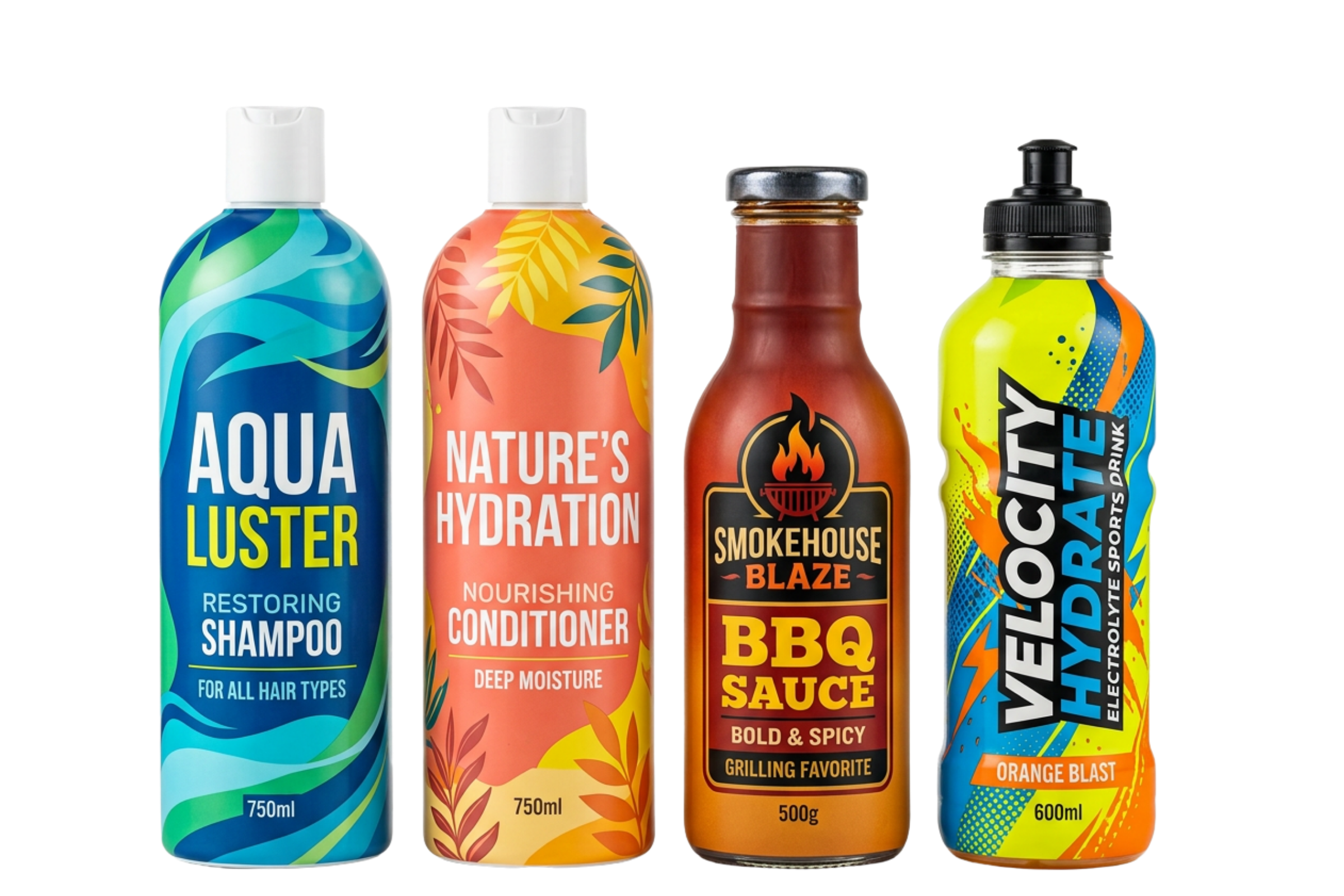 Custom full body shrink sleeve label applied to a consumer product bottle with bold colorful graphics