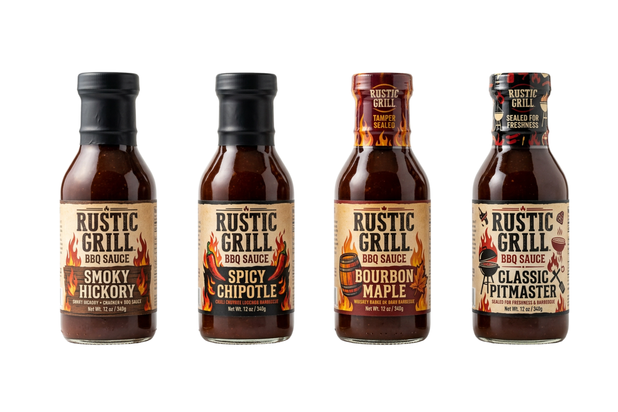 Sauce bottles with heat shrink tamper evident bands sealed around each cap