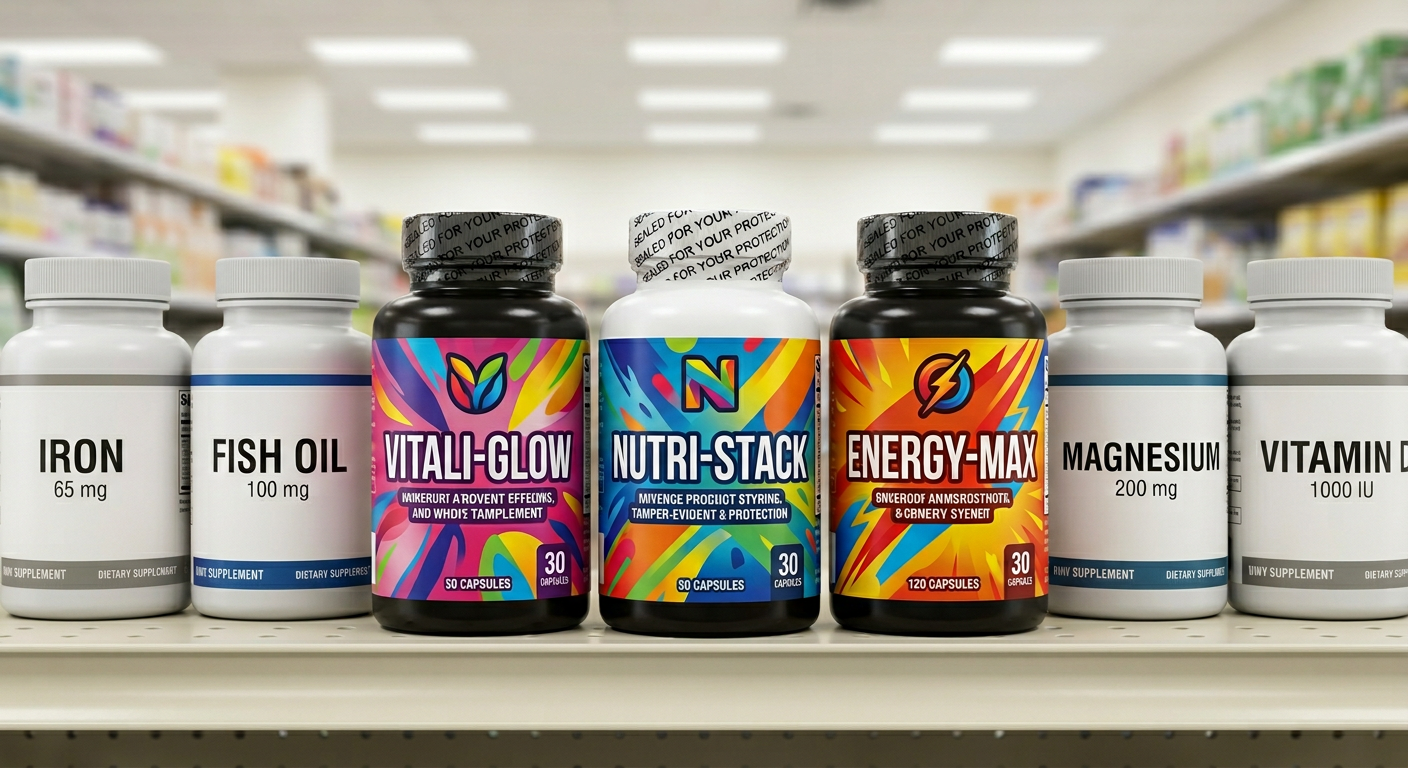 Row of supplement bottles with heat shrink tamper seals on a retail shelf