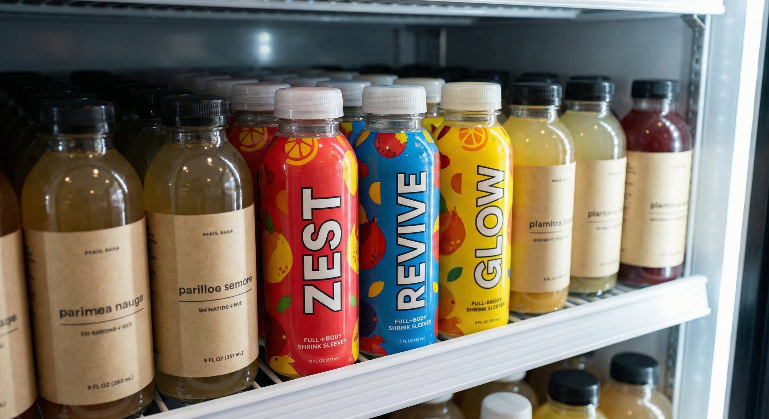Retail cooler shelf displaying beverage bottles with heat shrink tamper evident bands