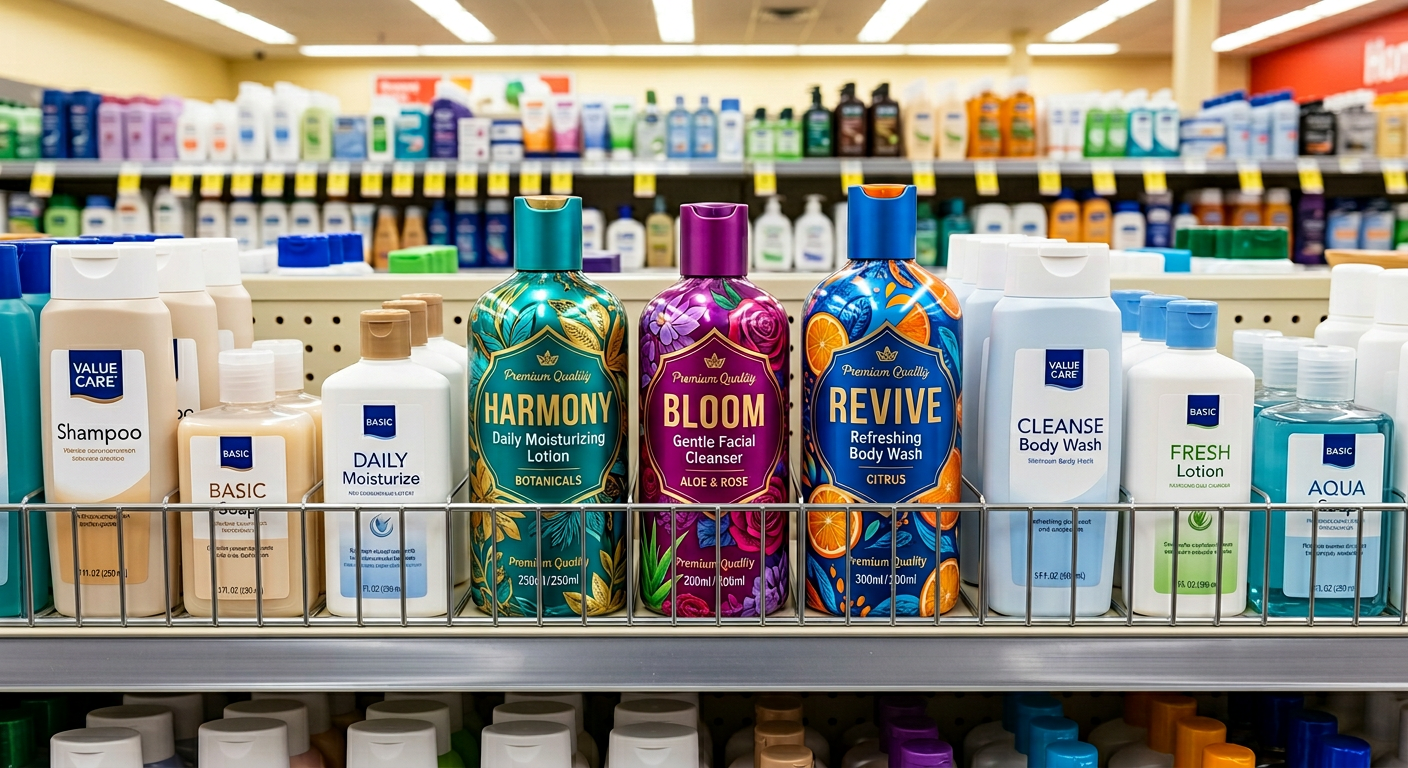 Store shelf with personal care products featuring heat shrink tamper evident seals