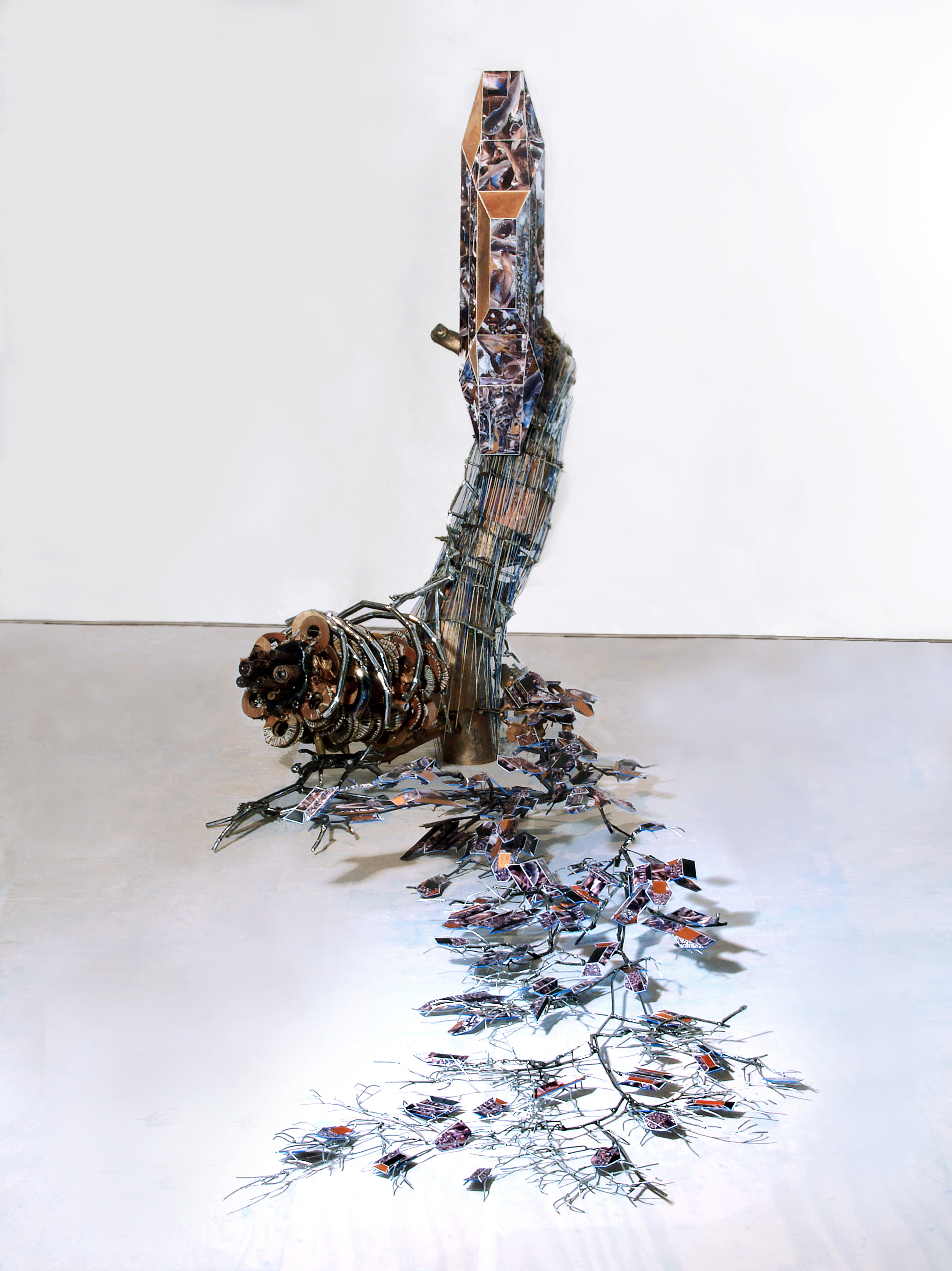 Sculpture Without Skin I (2008) H85" x W44" x L117", steel, digital prints on MDF, digital prints on polystyrene sheet, bamboo, wool, plaster, wood