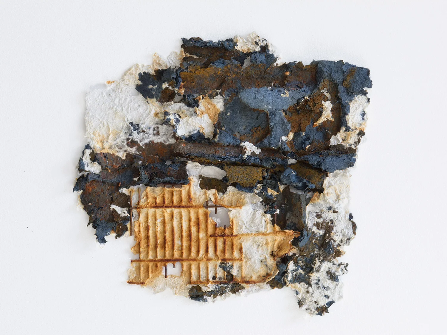 Printed Oxidation and Indigo Blue on Fiber Relief II (2016) W18" x L17", steel, steel rust and indigofera on boiled and beaten cotton rag