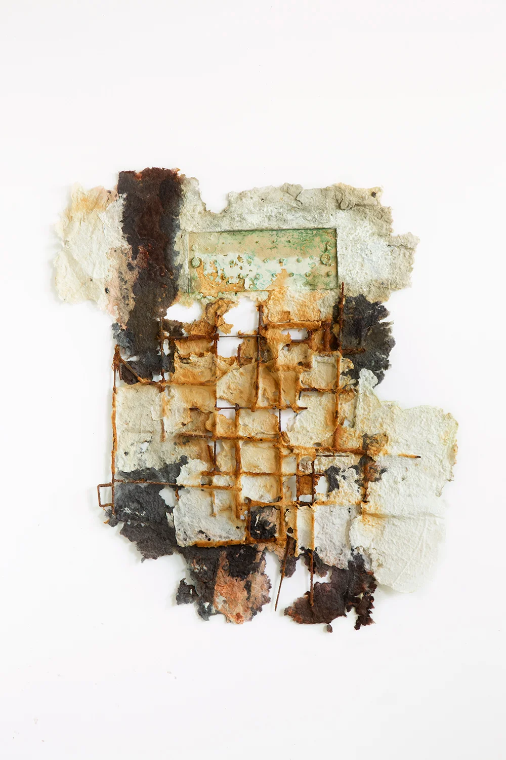 Printed Oxidation and Ink on Fiber Relief II (2016) W20 1/4" x L31 1/4", steel, steel rust, copper corrosion and synthetic ink on boiled and beaten cotton rag This series of handmade-paper is made with beaten mulberry barks and cotton linters, and casted into relief forms after it has absorbed patinas from wood stains, plants, mold, rusted steel and corroded copper sourced from the artist's industrial sculpture process.