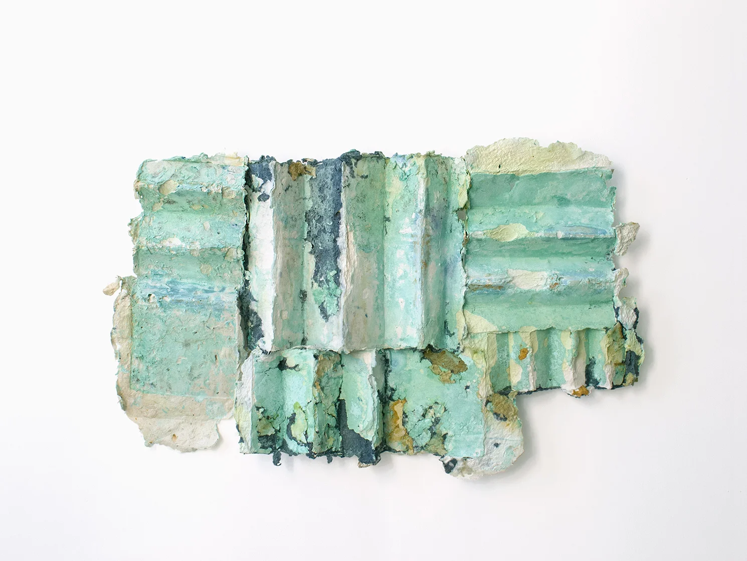 Printed Oxidation and Indigo Blue on Fiber Relief III (2018) W26 1/2” x L16 1/2”, coppercorrosion and indegofera on boiled and beaten abaca and cotton