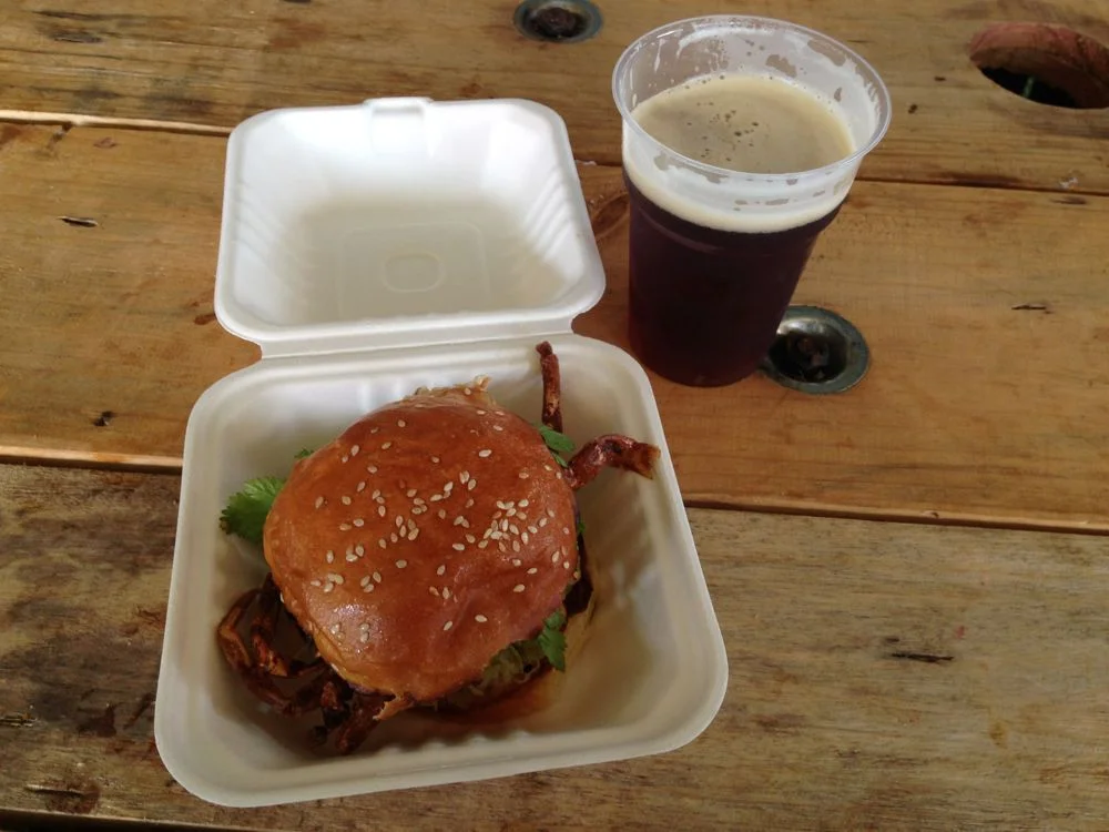 Deep fried crab sandwich and beer