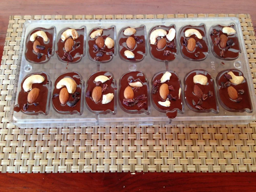 Making chocolate with almonds, cashews and cocoa nibs