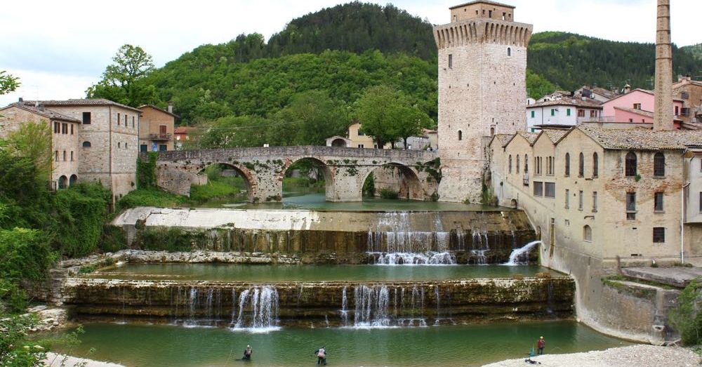 Tiered Waterfall, Roman Bridge, and Tower