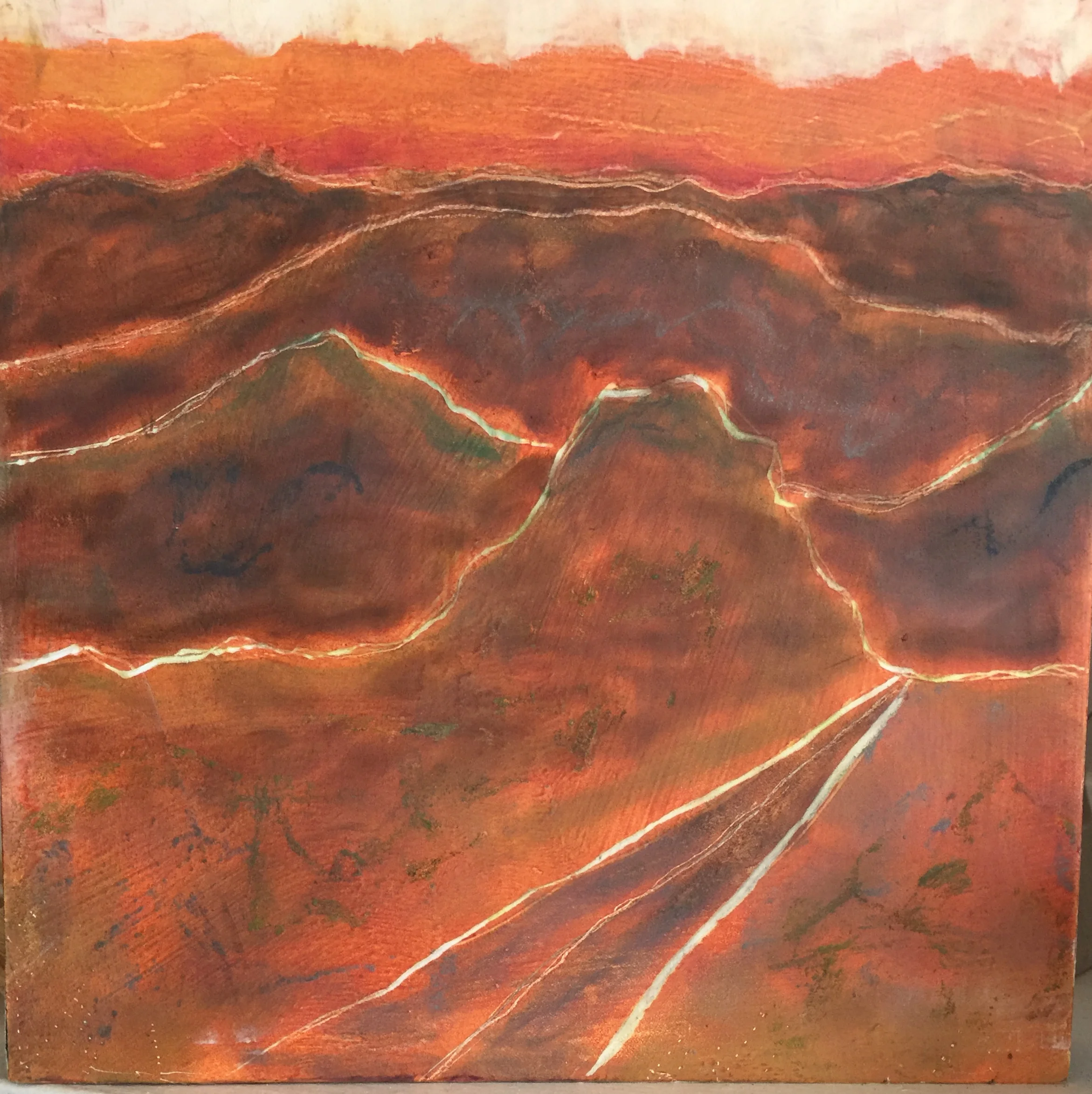 the Road to Alpine Cold Wax on archival panel 6”x6”x1” by Susan Kirchman