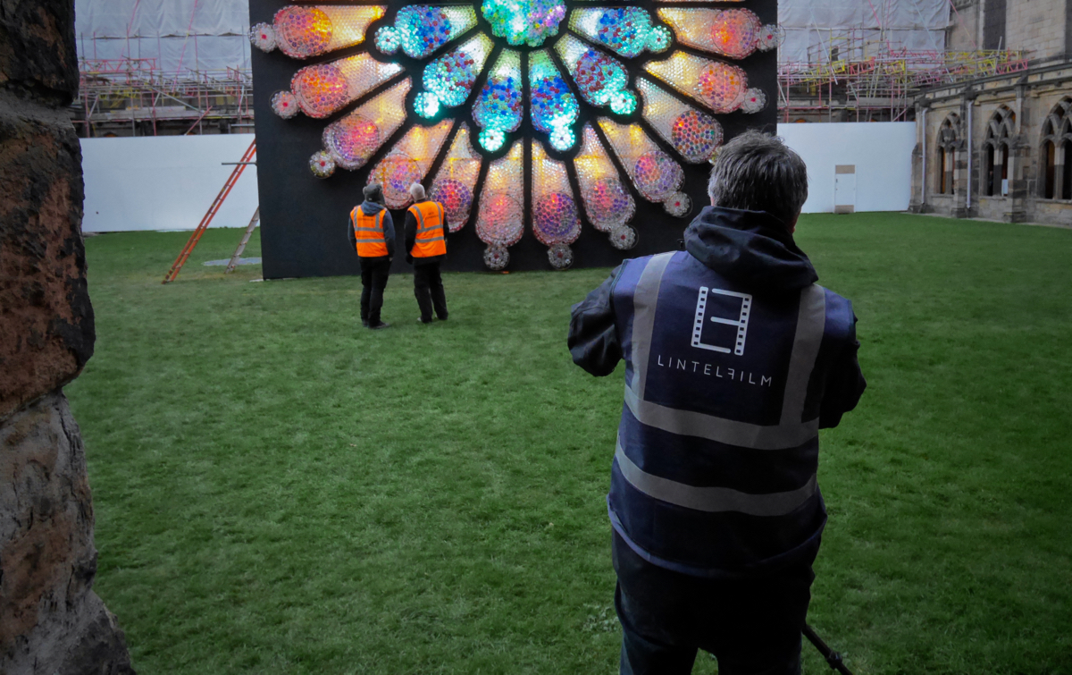 Above: Matt filming artist Mick and his collaborator Stuart as they put the finishing touches to their creation - just hours before the public opening of Lumiere Durham 2015.