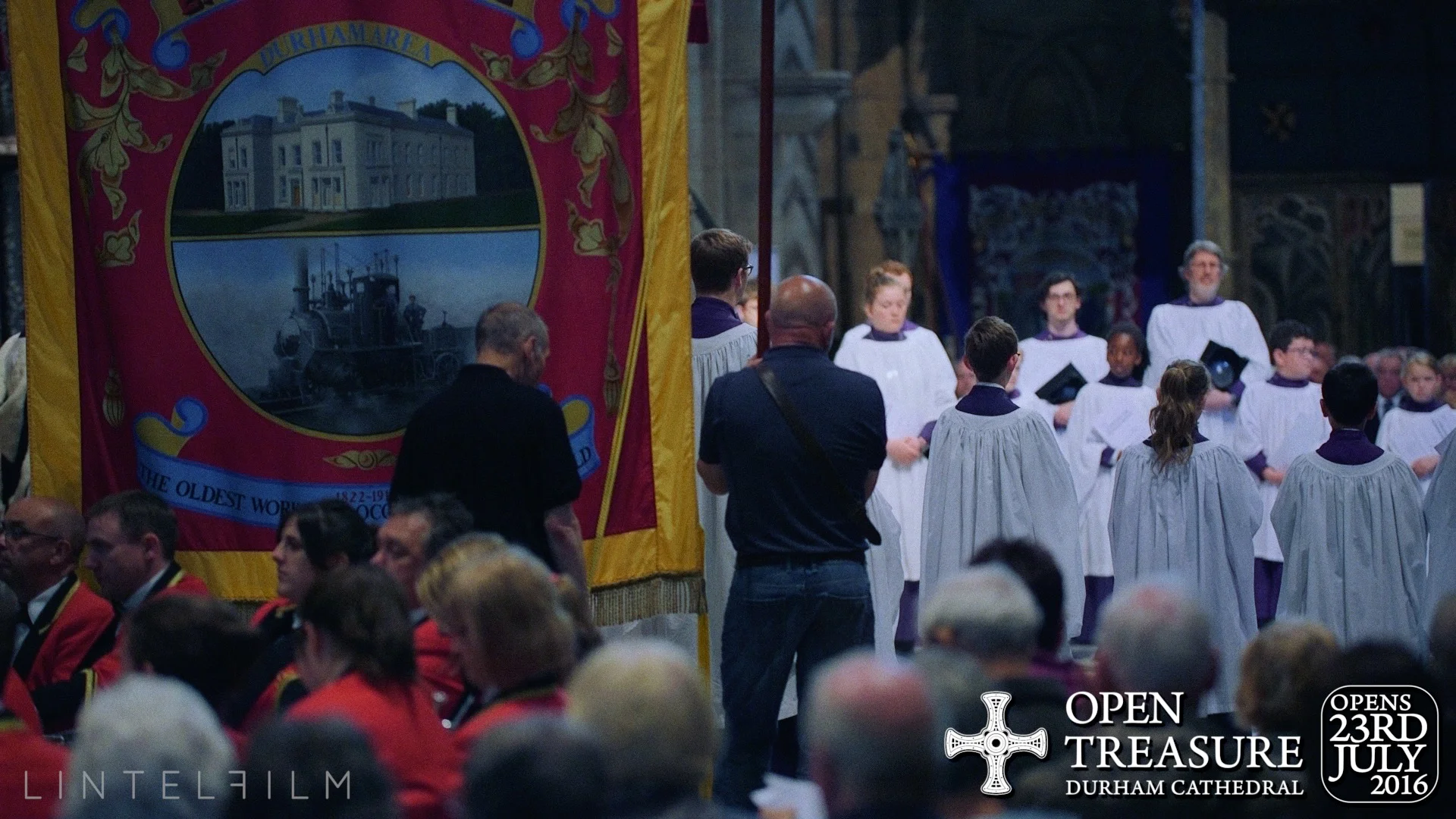 After the 2016 Durham Miner's Gala, the banners are blessed inside the Cathedral.