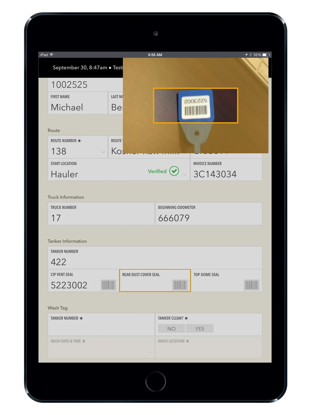 Clean design for fast data entry. Utilizing the camera as a super fast way to scan milk sample bar codes.