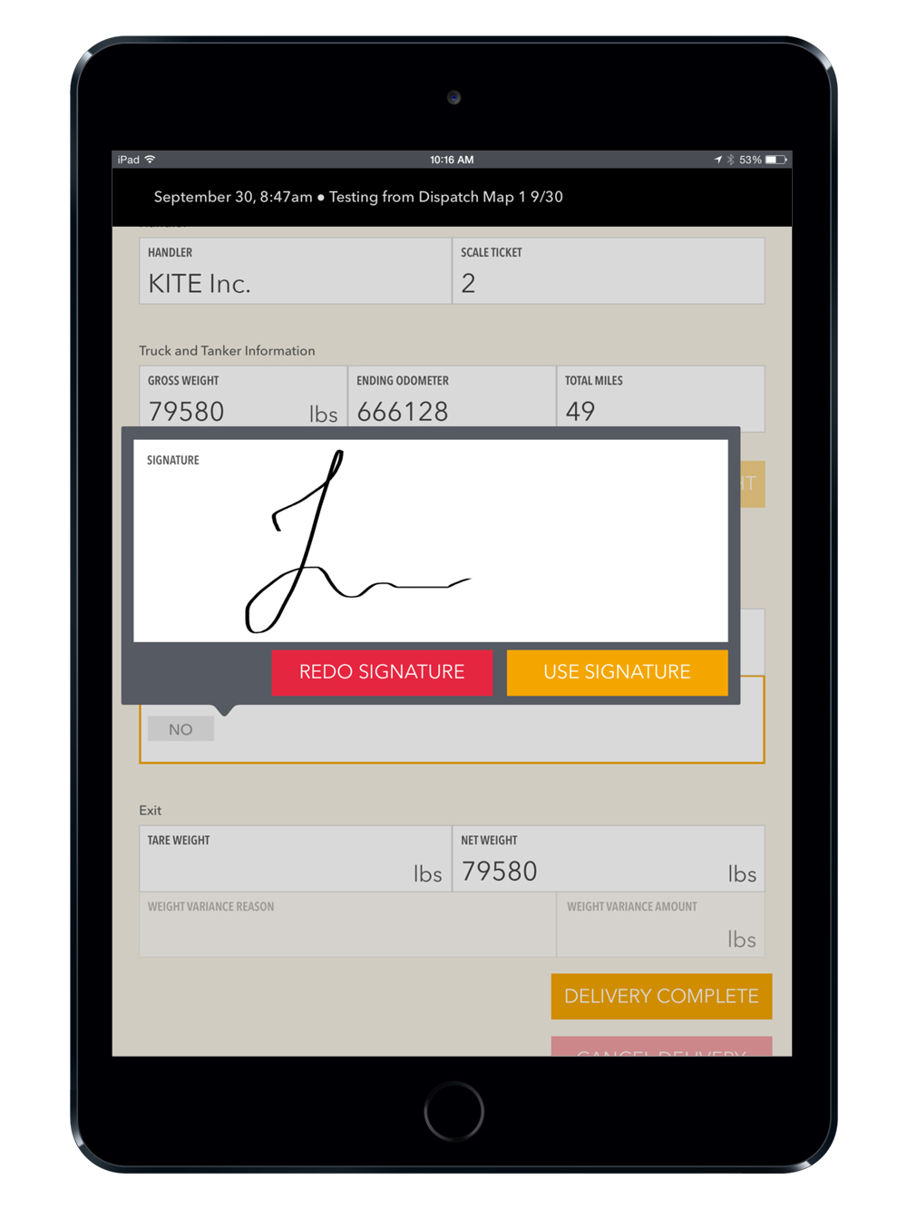 Elegant touch interface to make data entry fast and consistent, including signature signup of a route.