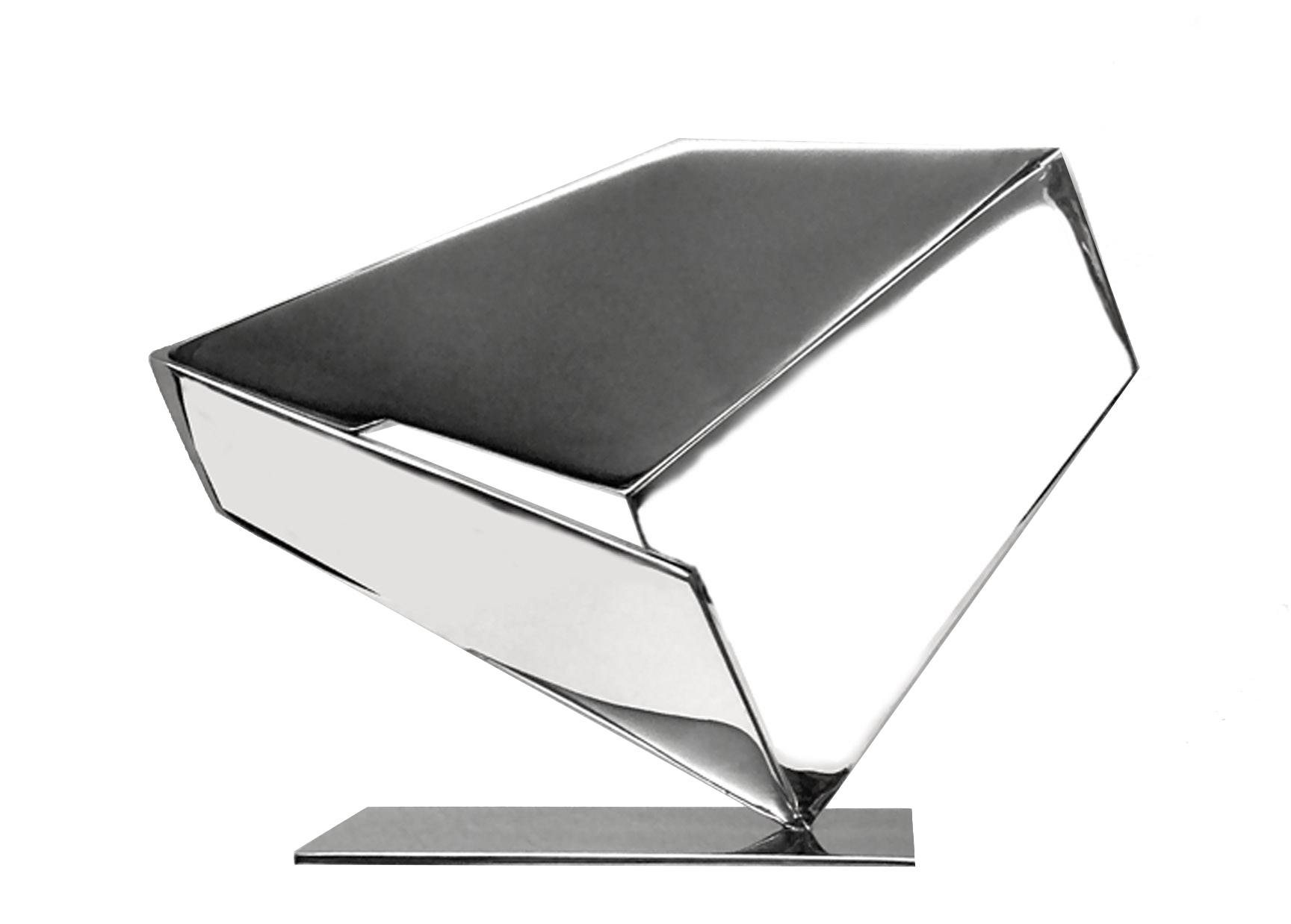 Metra, 12 ” W x 9 ” H x 2 ” D, Base: 4 ” W x 7 ” Long, Stainless Steel Sculpture, 1977