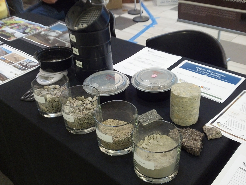 Samples of aggregates, concrete and asphalt.