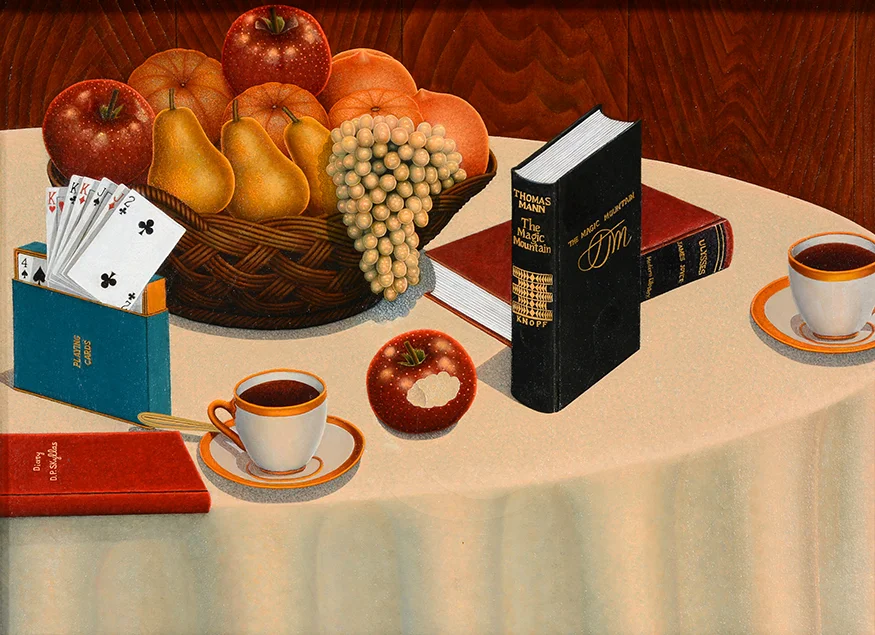 Drossos P. Skyllas Still Life On Table. Signed. Oil on canvas. Image 24 x 18. Frame 31 x 18.