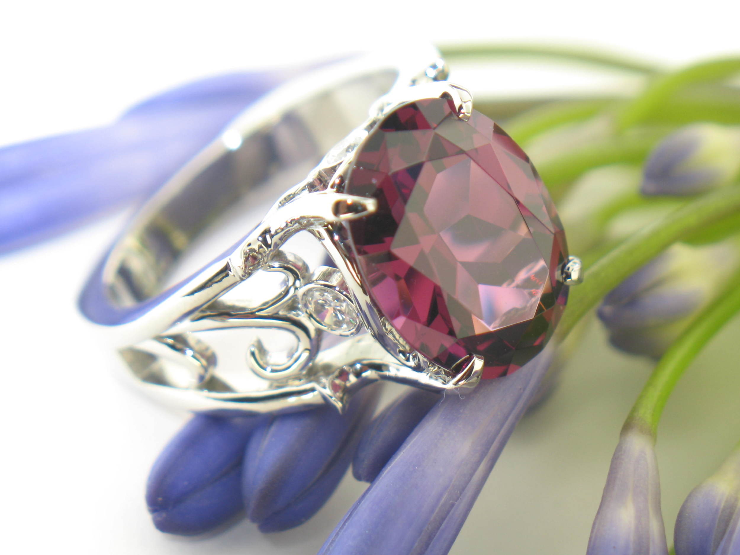 Custom White Gold Ring with 6.7 Carat Rhodelite