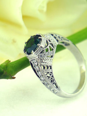 White Gold and Diamond Green Tourmaline Custom Ring