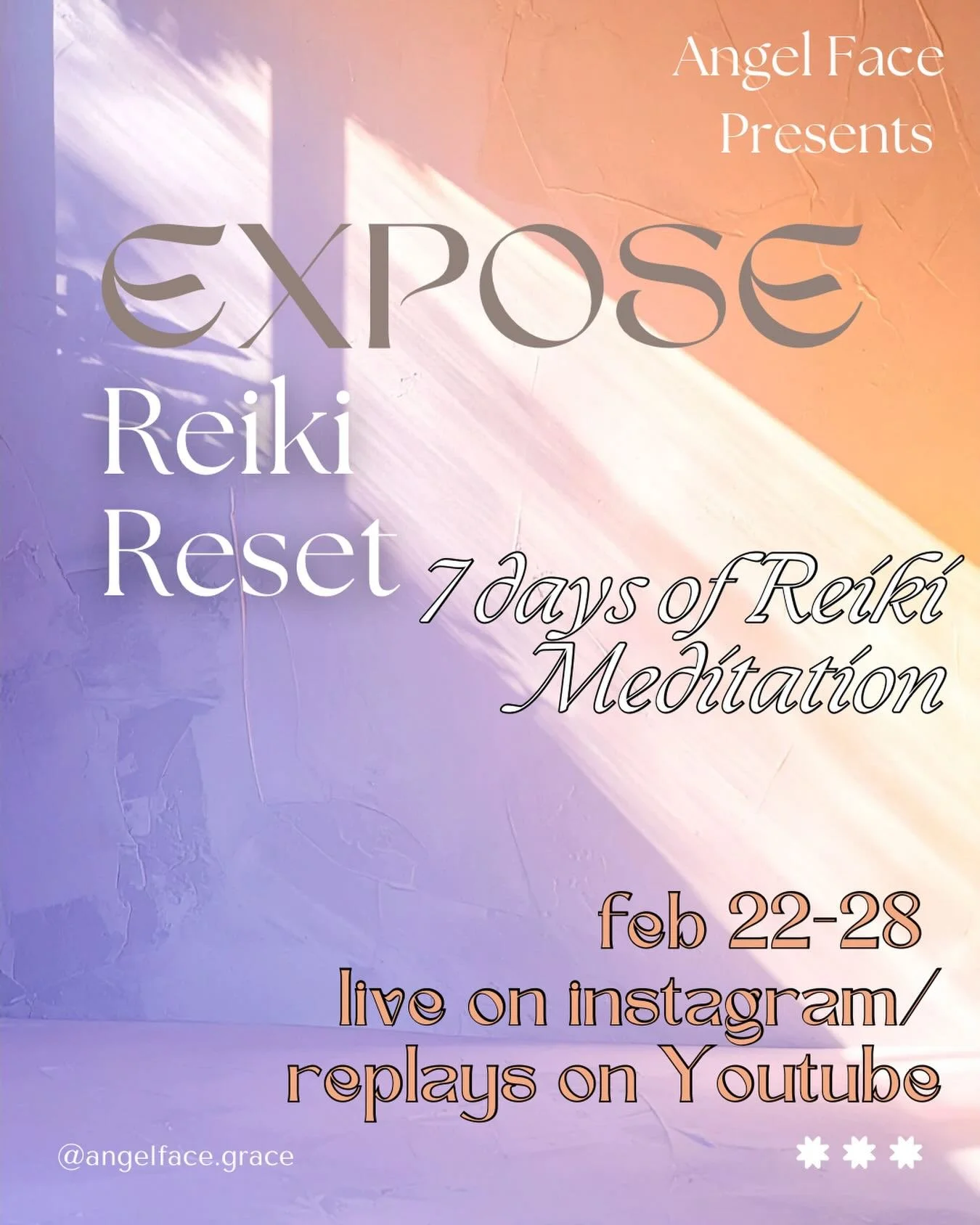 Meditate and Receive with me tomorrow Feb 22- Feb 28 for Reiki Healing and Meditation Practice, Live on IG replays will be available under my YouTube Channel, @ angelfacegrace (no periods over there) 👉 

The theme for this challenge is &ldquo;EXPOSE