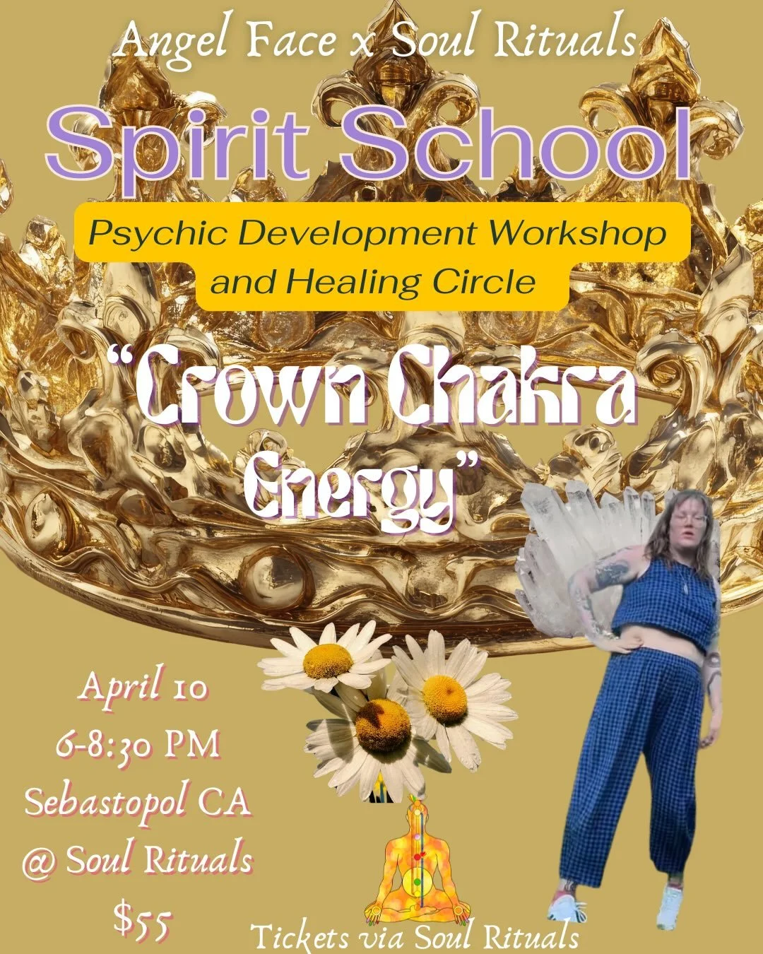 Join me Angel Face Grace this FRIDAYYY for Spirit School @soulscape_rituals 

April 10 6-8:30 PM at Soul Rituals in Sebastopol 🪷

This class will be focused on the Crown Chakra (our final class in our Chakra Series 🥹👽) 

We will be working on Psyc