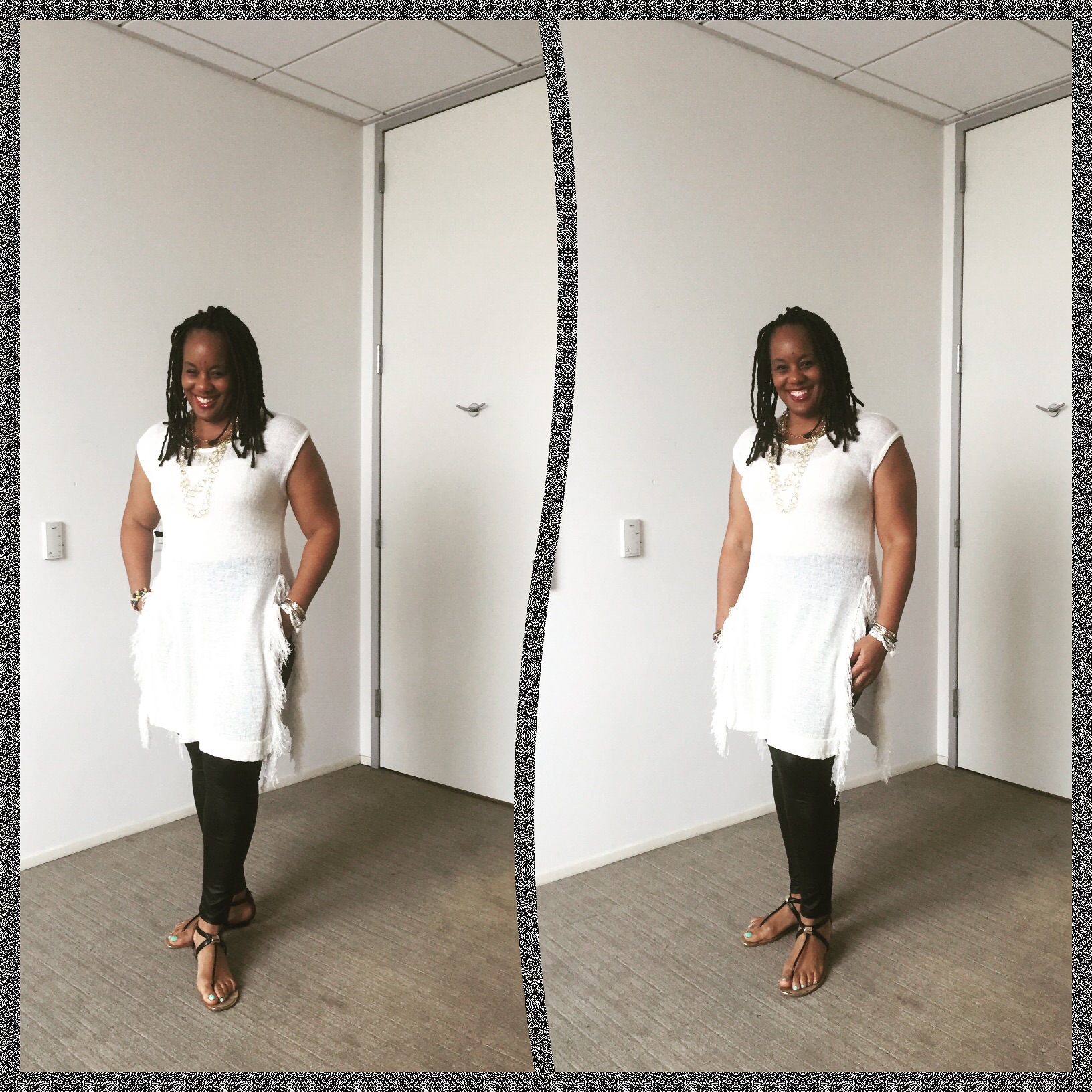 Fringe dress - Zoe's Vintique (Los Angeles) Faux leather leggings - eBay Sandals - SOLA (Nordstrom) Arm baubles - Robbeadzyaarm Candii