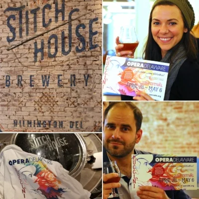 OperaDelaware artists (clockwise from top: mezzo-soprano Alexandra Rodrick, tenor Matthew Vickers) sampling the High Note Abbey Dubbel at Stitch House Brewery. Expected on tap by April 24