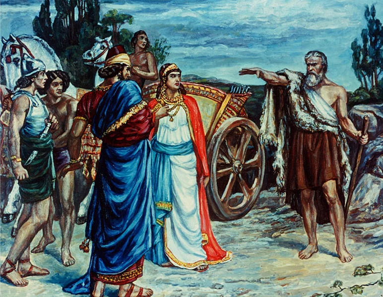 Sir Frank Dicksee, "Jezabel and Ahab Meeting Elijah in Naboth's Vineyard." Public domain image.