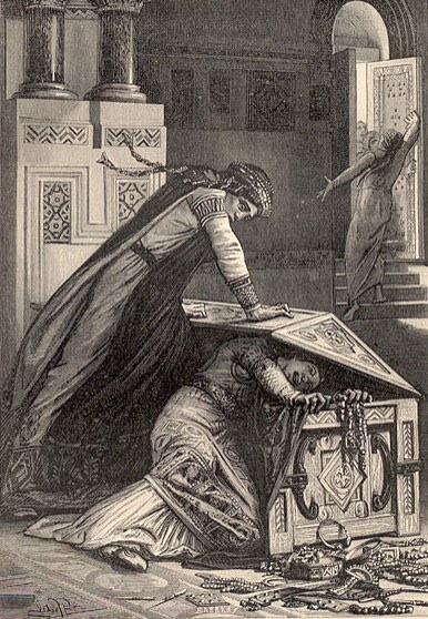 " Frédégonde l'étranglait contre la planche inférieure," Henriette De Witt, 1887. Public Domain image.