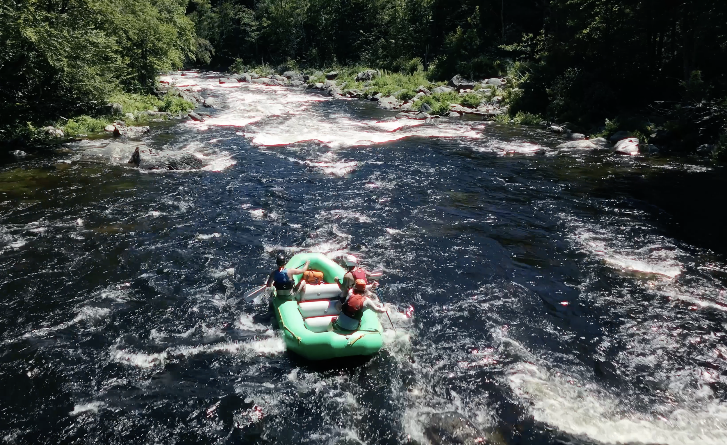 Four people on an inflatable boat whitewater rafting on a river with rapids, surrounded by green trees.