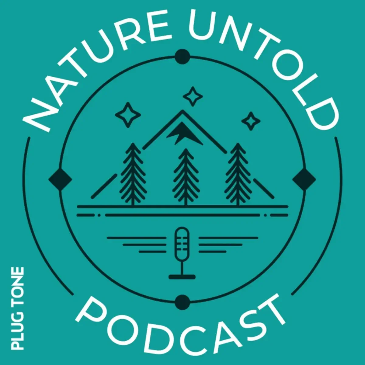 Logo for the 'Nature Untold Podcast' featuring a mountain, trees, stars, and a microphone in a circular design.