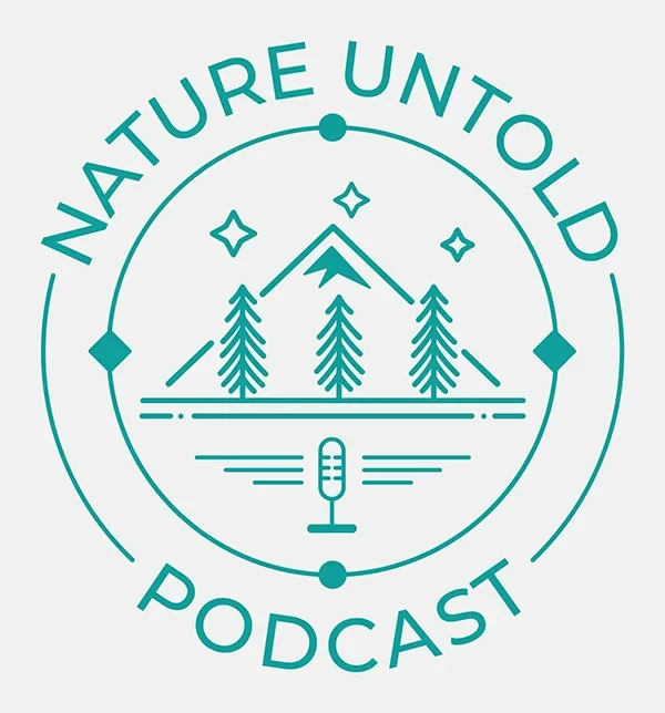 Logo for 'Nature Untold Podcast' featuring a mountain, three pine trees, stars, and a microphone, all enclosed in a circular design.