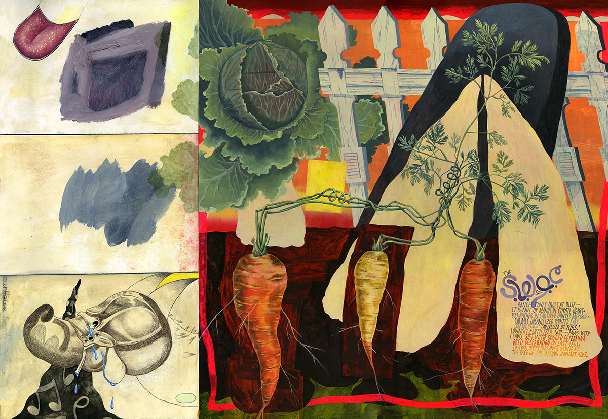 The Suicidal World of Garden Coyotes, 2016 Acrylic, acrylic gouache and charcoal on paper 30 x 44 inches
