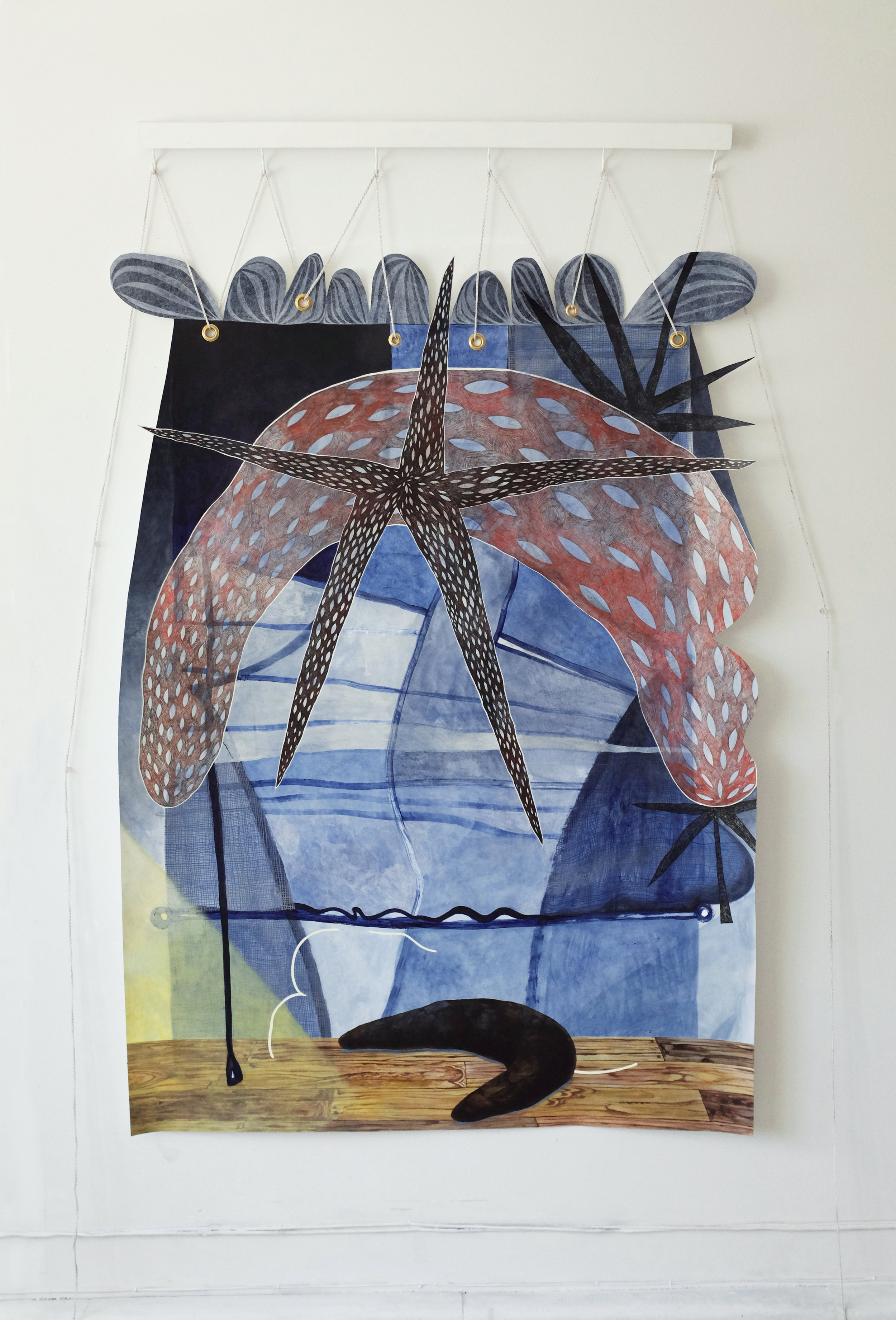 Window , 2017 Mixed media on paper, wood, and string 62 1/2 x 40 inches (irregular)