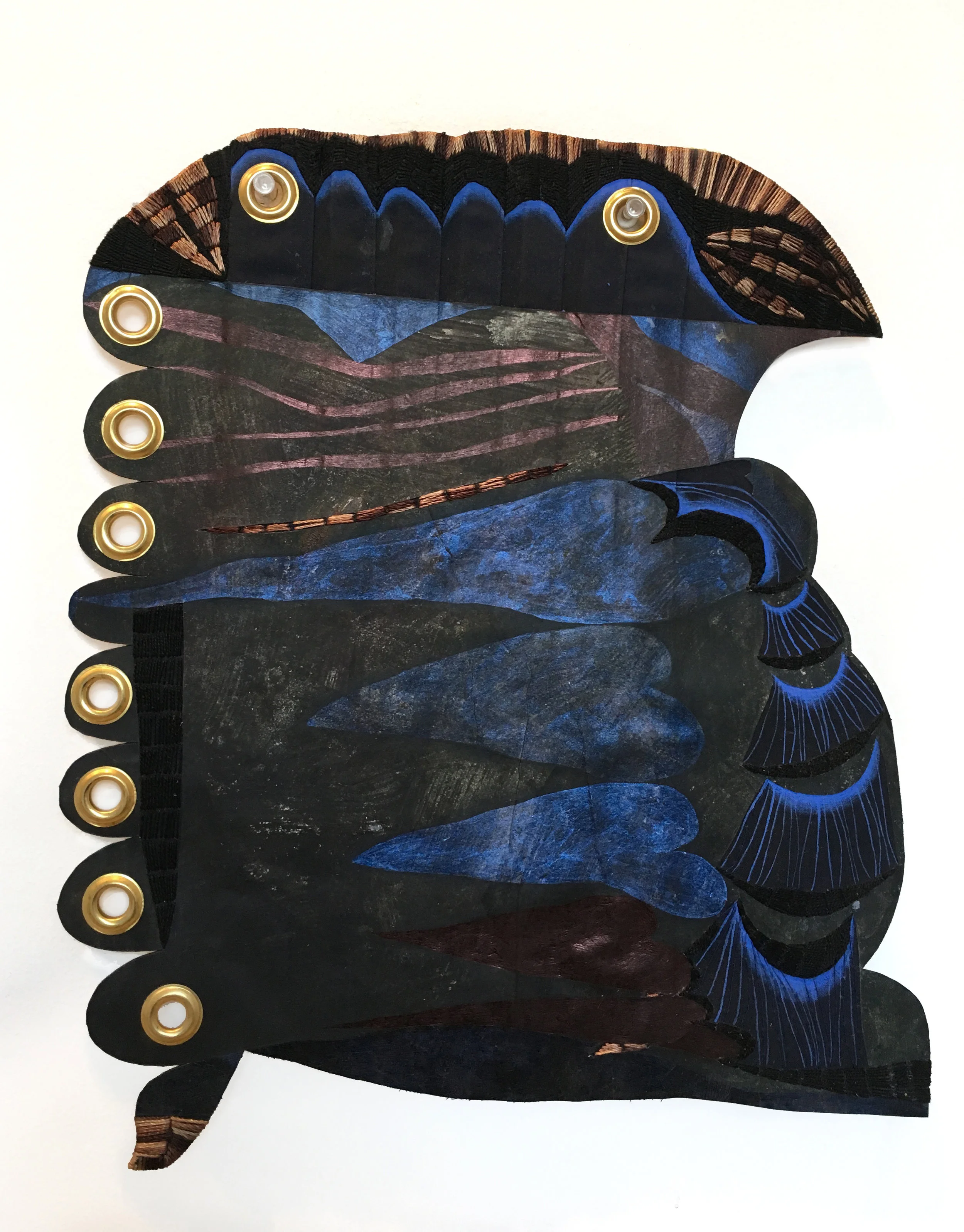 columbine , 2018 Mixed media on paper, fabric, thread and grommets 14 1/8 x 12 inches (irregular)