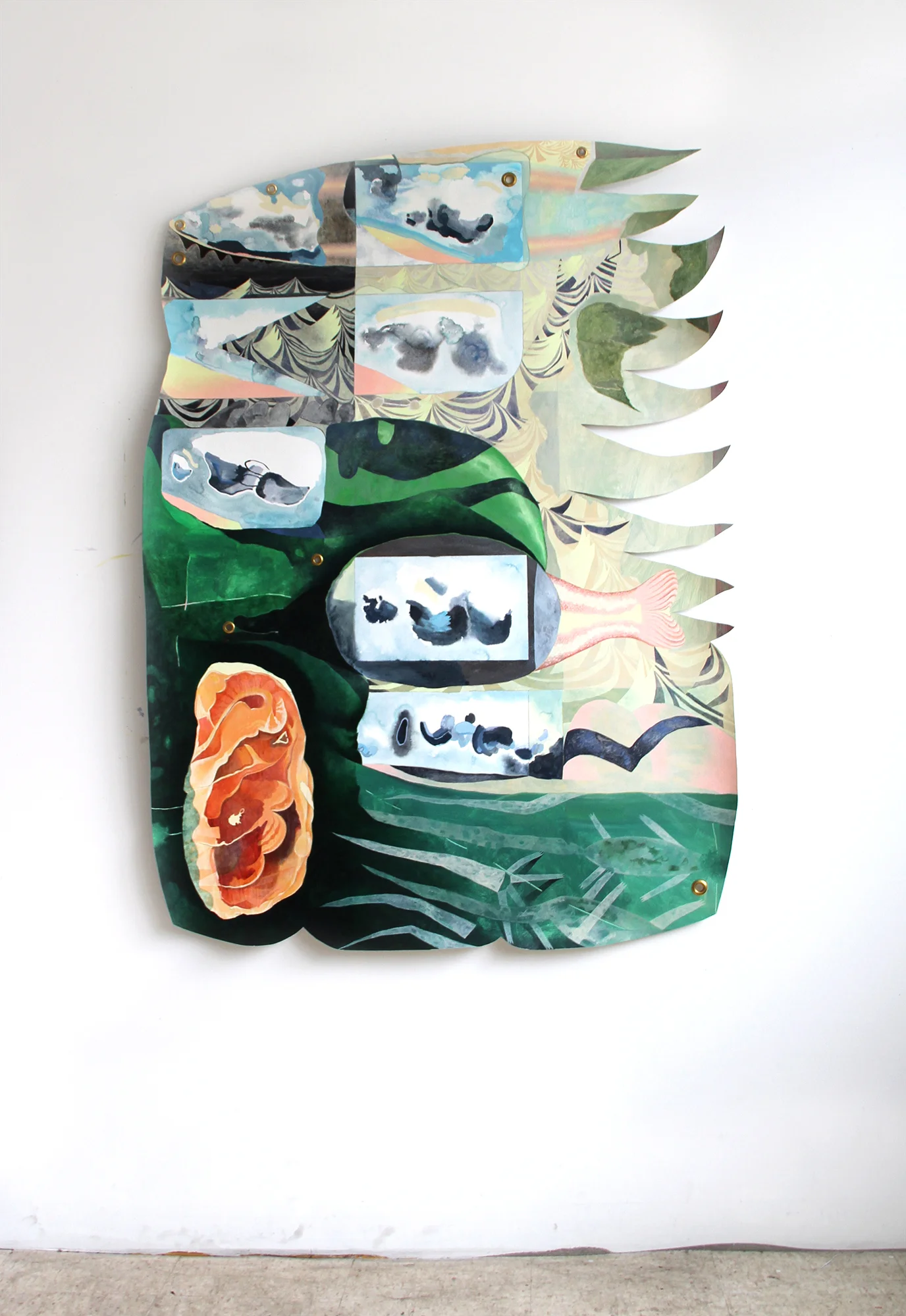 Baker , 2018 Mixed media on paper, grommets 55 x 40 inches (irregular)
