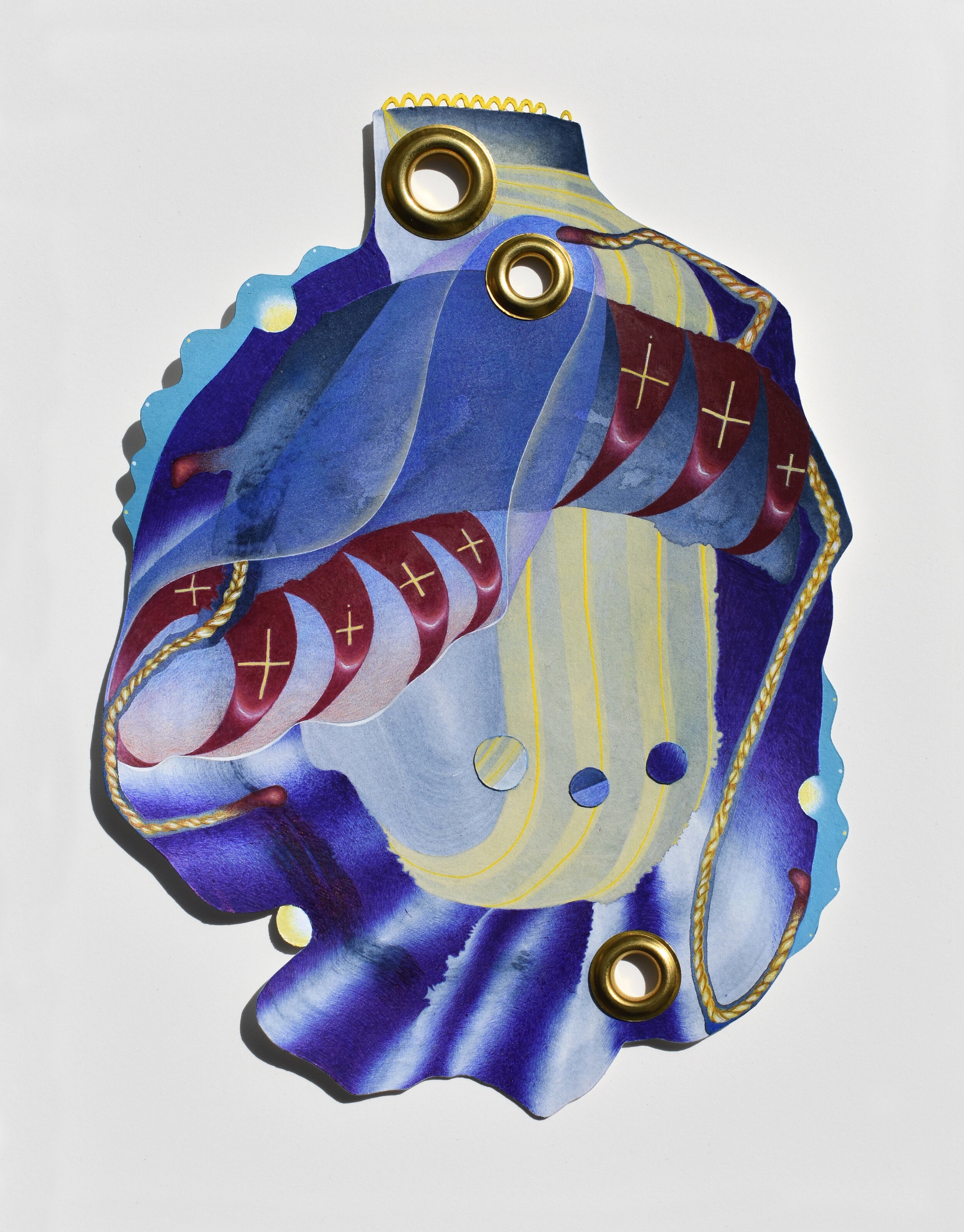 untitled (shell) , 2020 Acrylic, acrylic gouache, colored pencil, ballpoint and grommets on paper 9 1/2 x 6 7/8 inches