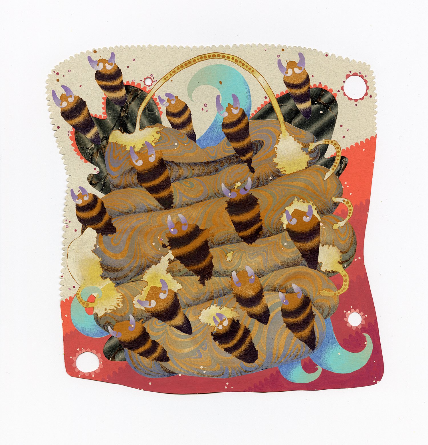 HORNET MUMMING CANDY PAIL , 2023 Acrylic, acrylic gouache, ballpoint pen and collage on paper 9 1/4 x 8 3/4 inches