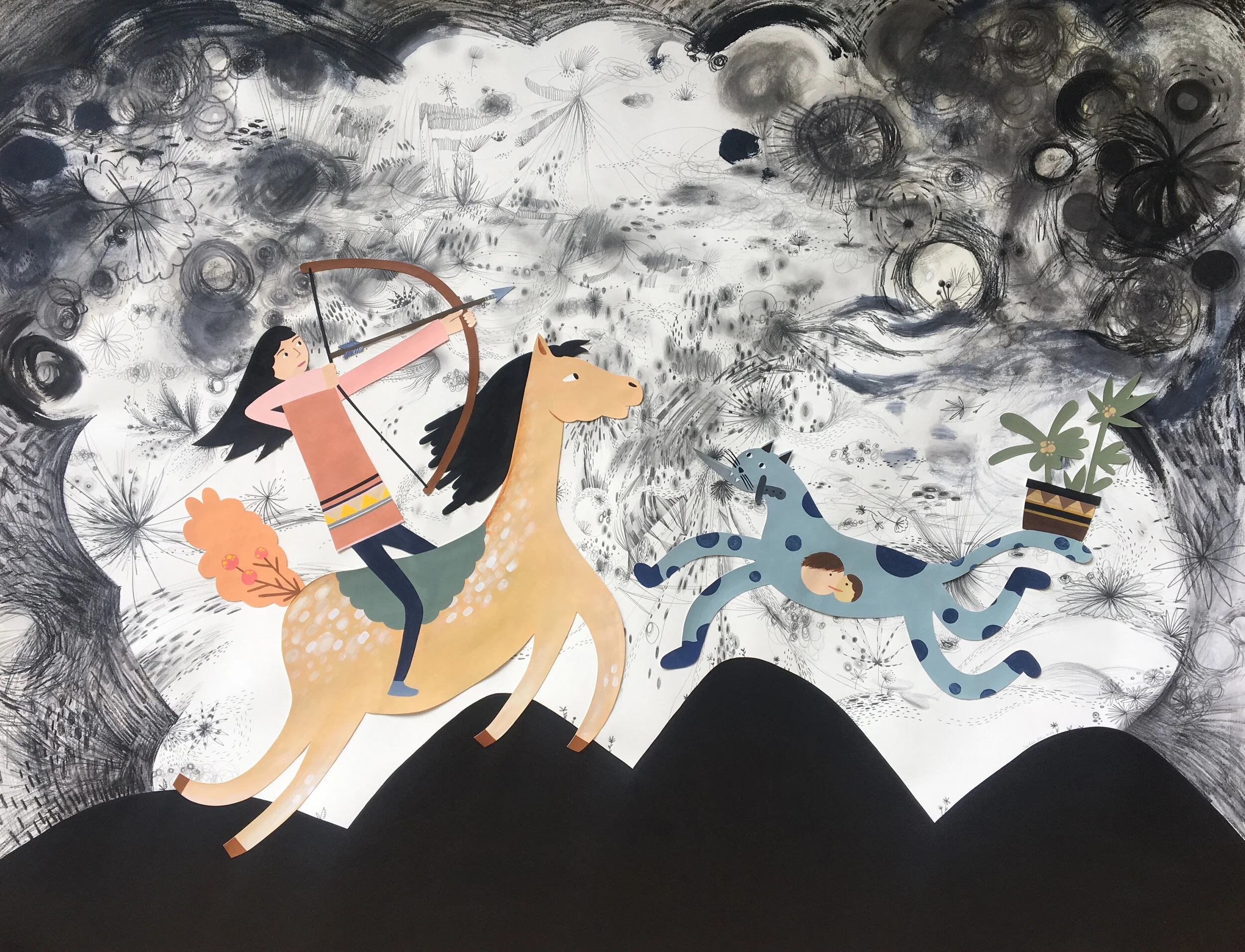 Warrior Huntress - 2019, acrylic, gouache, graphite, watercolor pencil on paper, 55 x 70 inches unframed, 60 x 75 inches framed