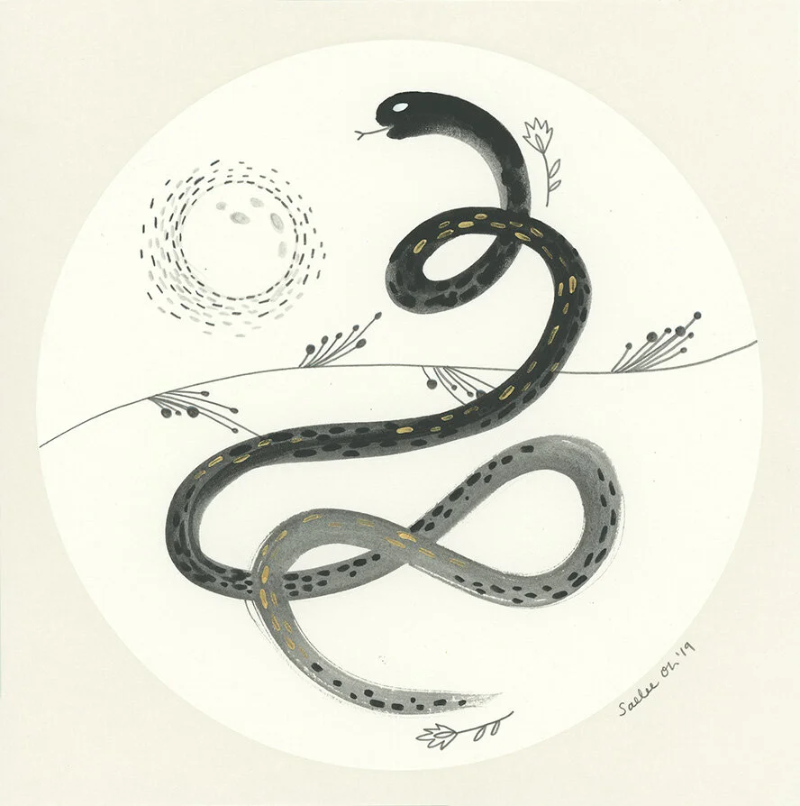 Full Moon Snake - graphite, gouache, gold acrylic paint, 6 x 6 inches in 9 x 9 inches frame, 2019