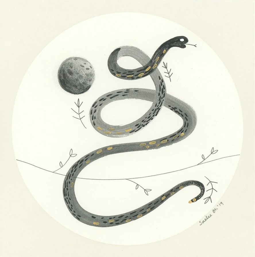 New Moon Snake - graphite, gouache, gold acrylic paint, 6 x 6 inches in 9 x 9 inches frame, 2019