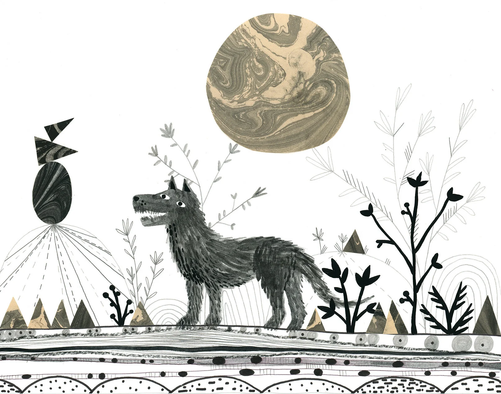 Wolf Moon - 2019, hand marbled paper, graphite, china marker on paper, 8.5 x 11 inches - private collection