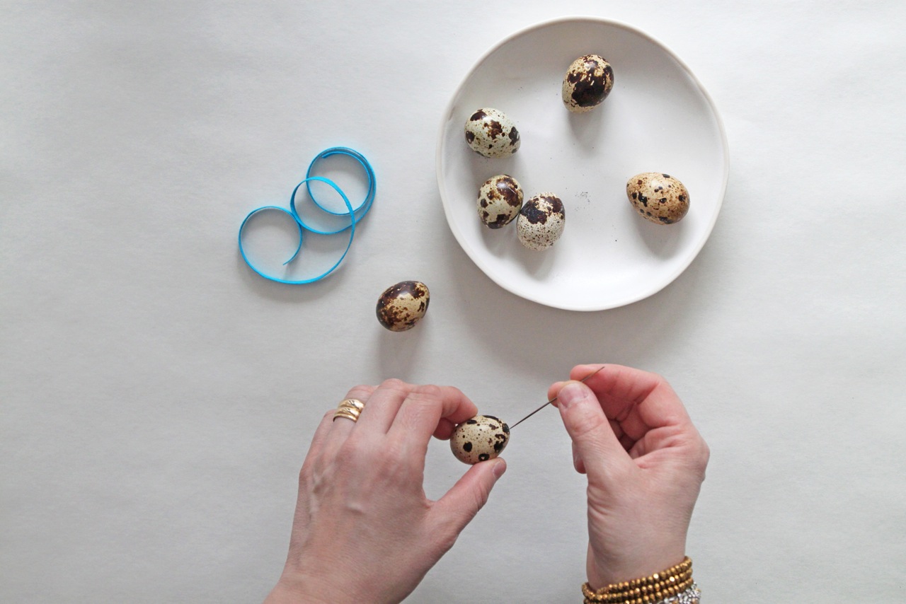 DIY Peacock and Quail Easter Egg Ornaments, peircing the egg shell, by Justine Hand and Angela Liguori.jpeg