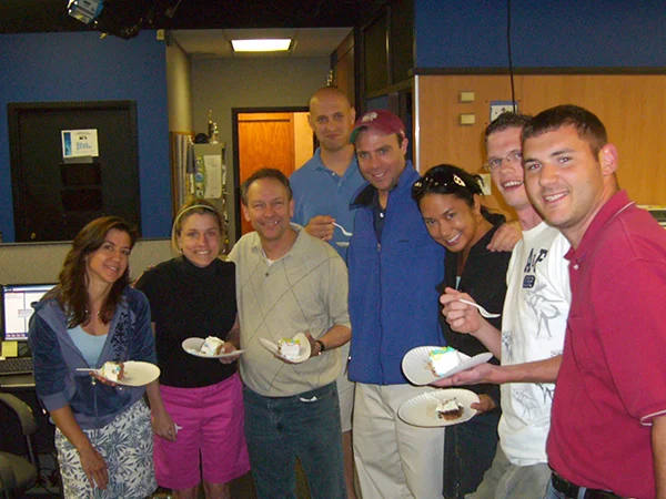 (left to right) Alice Morrin, producer Colleen Malloy, sports anchors Bob Rumbold and Tim Lammers, reporters Jim Altman and Laurie Perez, and videographers Kevin Galliford and Bob Hoover.